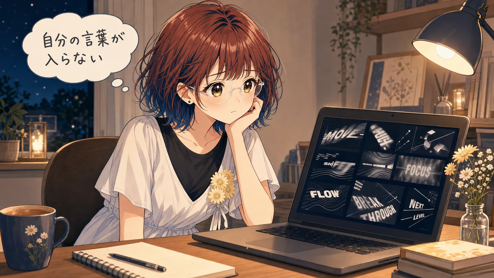 ノートパソコンに英語のタイポグラフィ作例が並ぶ画面を見ながら、「自分の言葉が入らない」と考え込む女性