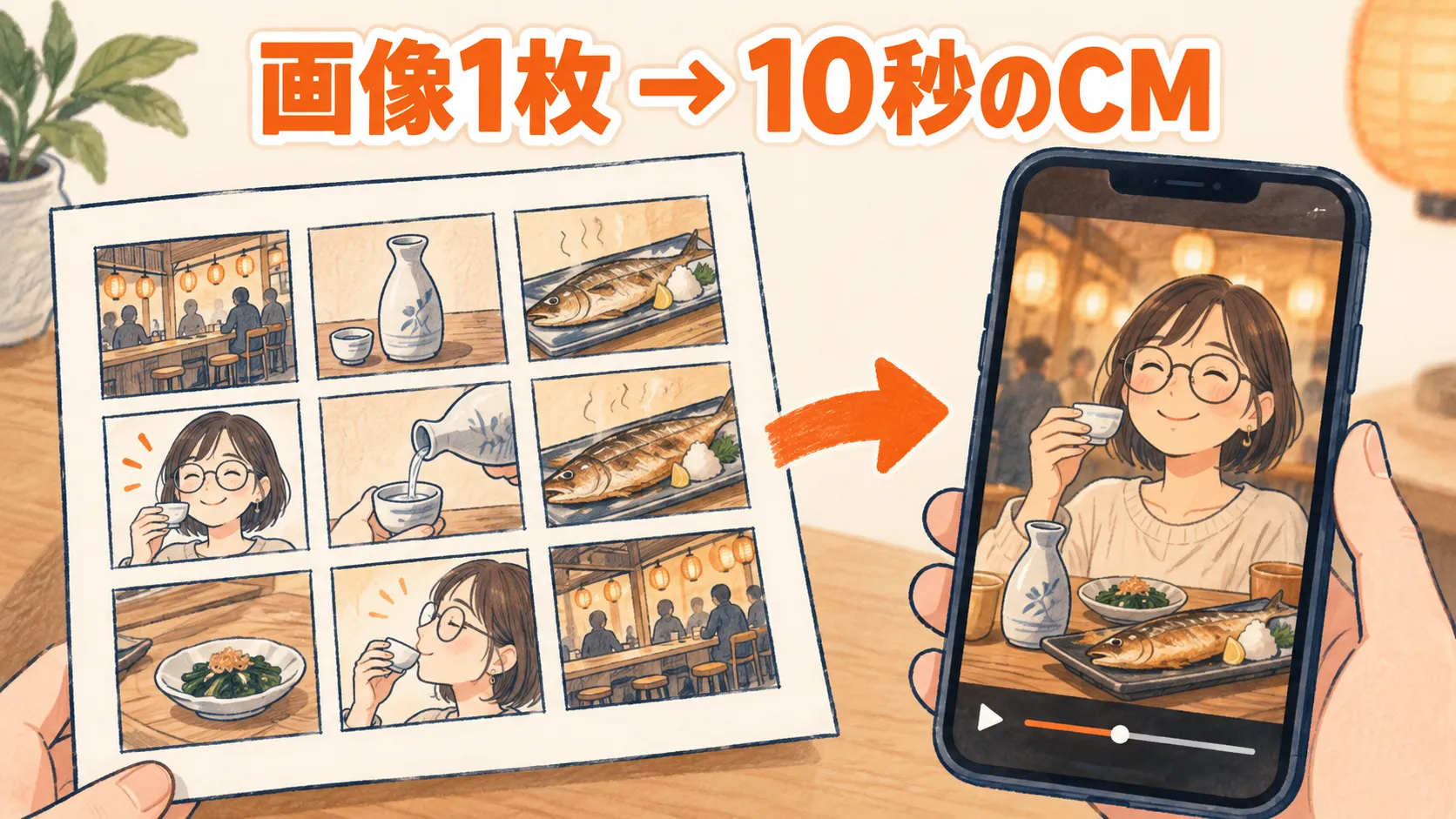 「画像1枚 → 10秒のCM」の見出しの下で、手に持った9コマの絵コンテ（居酒屋・徳利・サンマ・メガネの女性）から矢印が伸び、スマホ画面で同じ女性が日本酒を飲むCM動画が再生されている手描き風イラスト