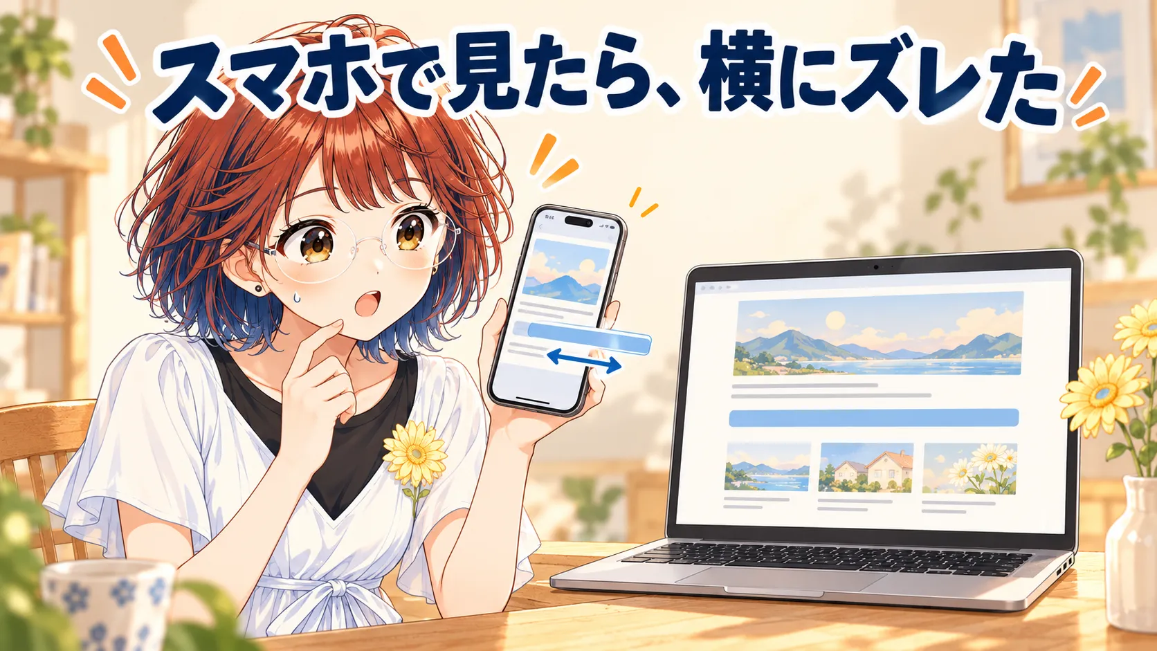 スマホで開いたら、ページが横にズレて、リンクの帯が画面の右端からはみ出しているのに、パソコンの画面では問題なく見えているイラスト