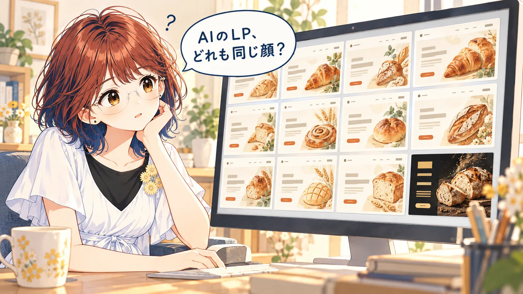 モニターに並ぶ似たパン屋のLPを見て「AIのLP、どれも同じ顔?」と首をかしげるsuzumin