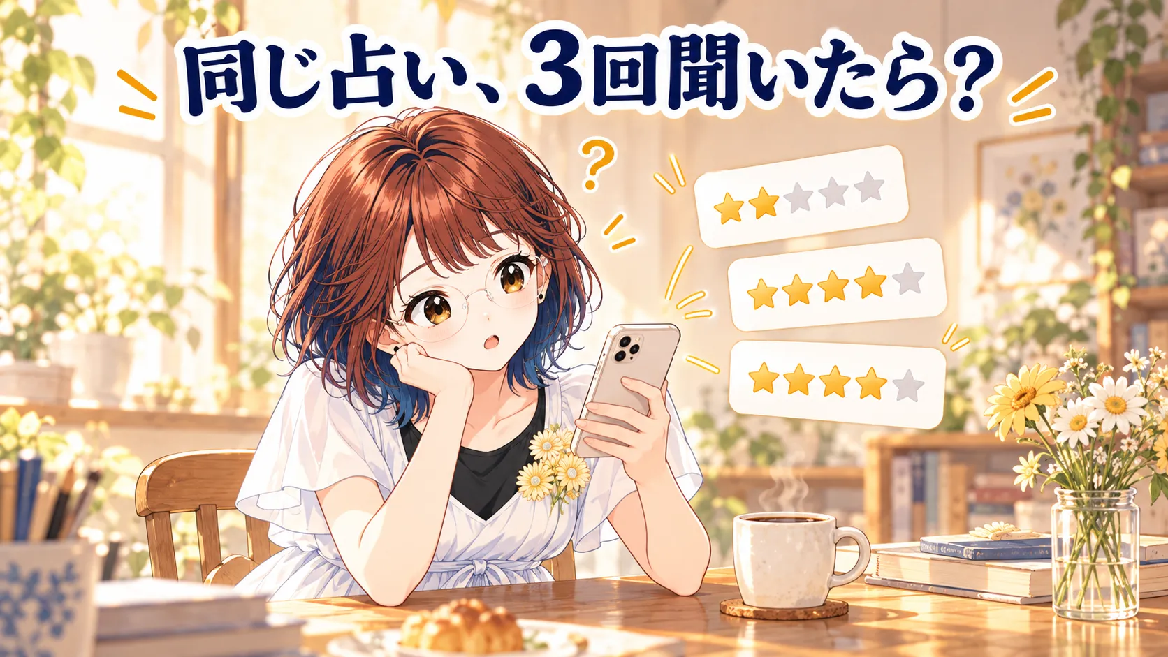 スマホで占いの結果を見て首をかしげるsuzumin。星2つと星4つの答えカードが並んでいる