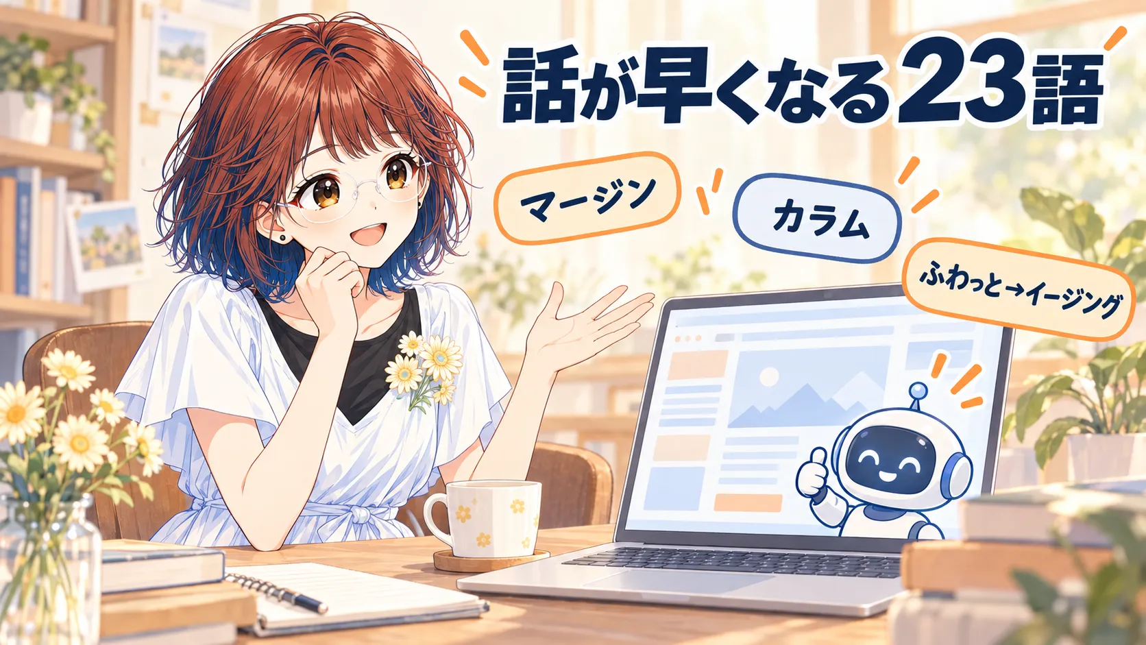 suzuminがノートPCに向かって話しかけ、画面のAIが親指を立てている。周りに「マージン」「カラム」「ふわっと→イージング」の語カードが浮かび、上部に「話が早くなる23語」の見出し