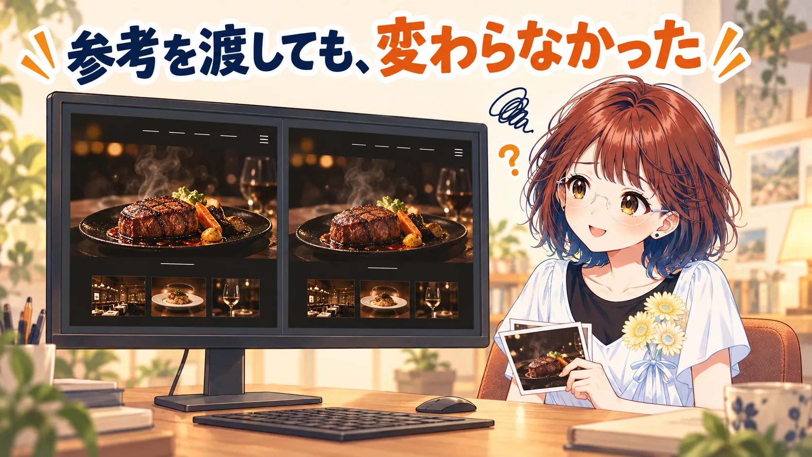 参考サイトのカードを手に、ほぼ同じ見た目の2つの焼肉店LPをモニターで見比べるsuzuminのイラスト。見出し「参考を渡しても、変わらなかった」
