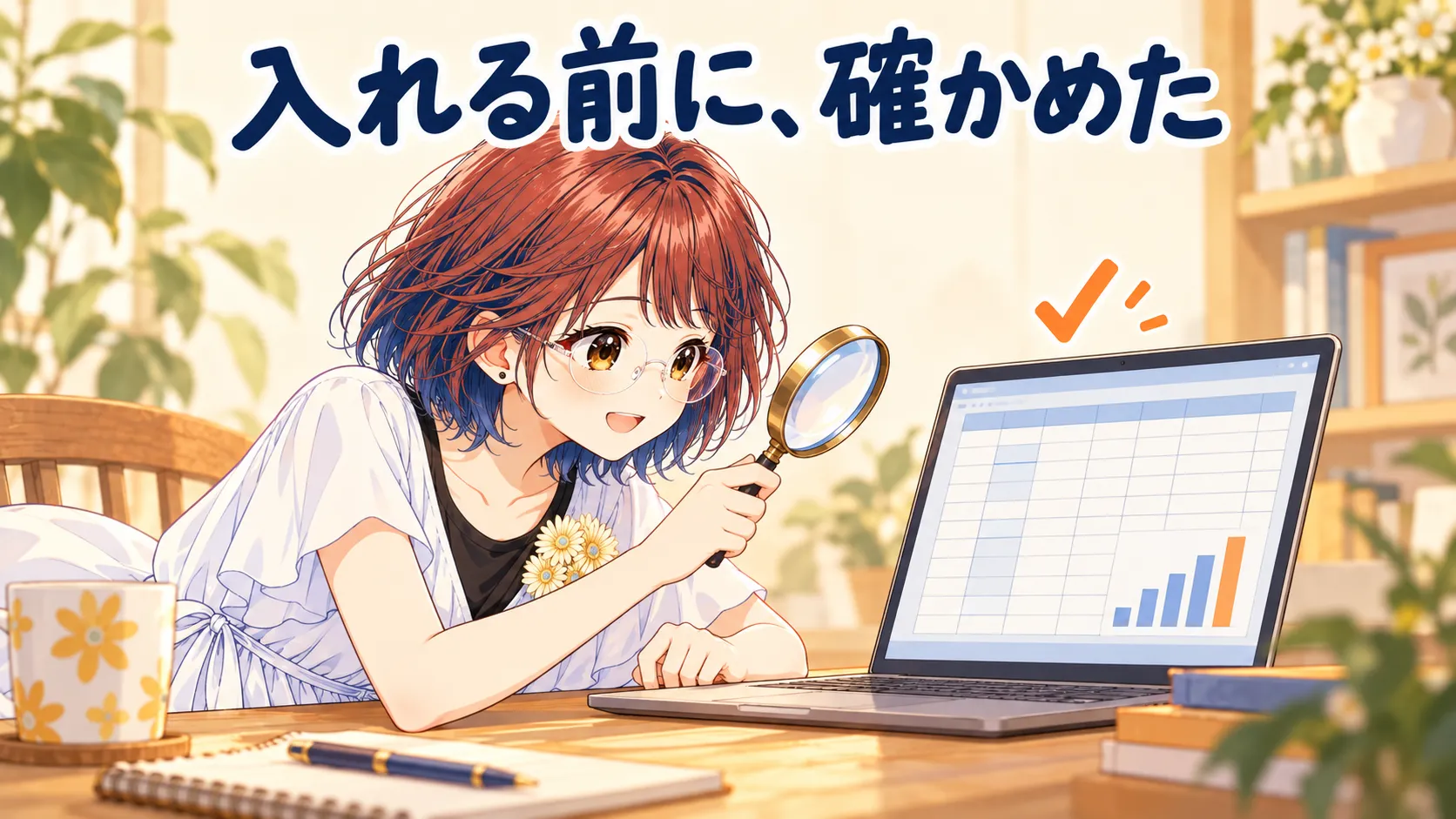 虫めがねでノートPCの表計算ソフトを確かめるsuzumin。「入れる前に、確かめた」の文字