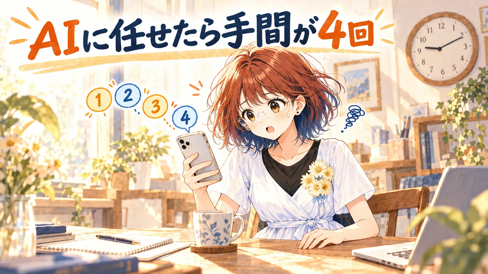 スマホを見て首をかしげるsuzumin。見出しは「AIに任せたら手間が4回」