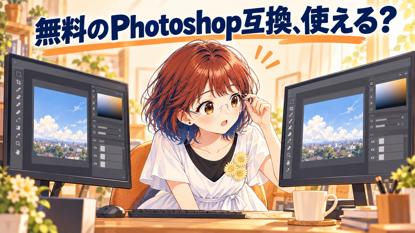 似た画像編集ソフトの画面が並ぶ2台のモニターを見比べて驚くsuzumin。見出しは「無料のPhotoshop互換、使える?」