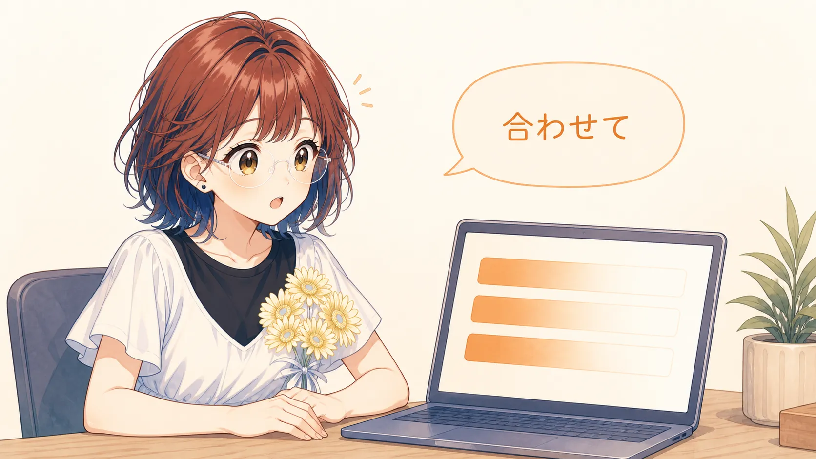 ノートパソコンの画面を見て驚く女性。吹き出しに「合わせて」と書かれ、画面上のテロップ3行が薄れて消えかけている
