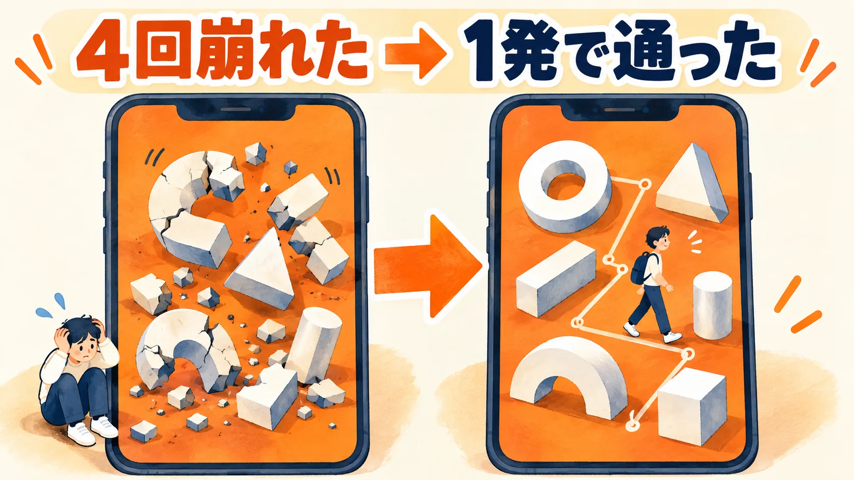 AI動画の日本語文字が崩れた状態と、別のAIに替えて崩れなくなった状態を左右で見比べる手描き風イラスト。左のスマホでは白い立体文字が割れて崩れ、右のスマホでは文字がきれいに立ち、上部に「4回崩れた → 1発で通った」の見出し