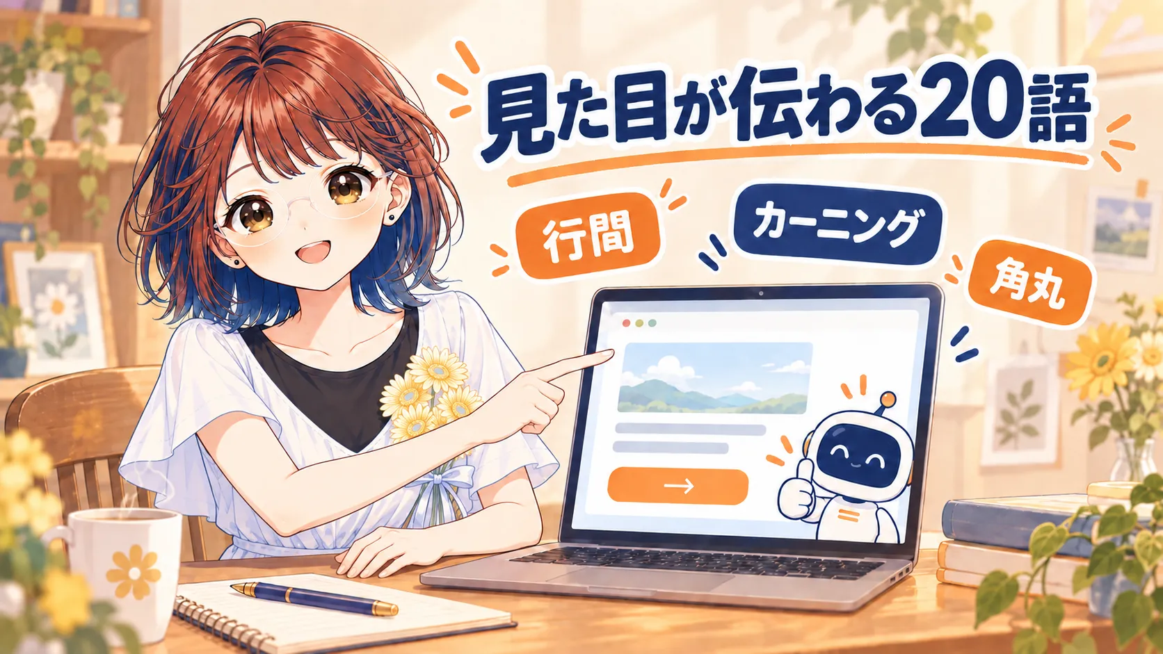suzuminがノートPCの画面を指さし、画面のAIが親指を立てている。周りに「行間」「カーニング」「角丸」の語カードが浮かび、上部に「見た目が伝わる20語」の見出し