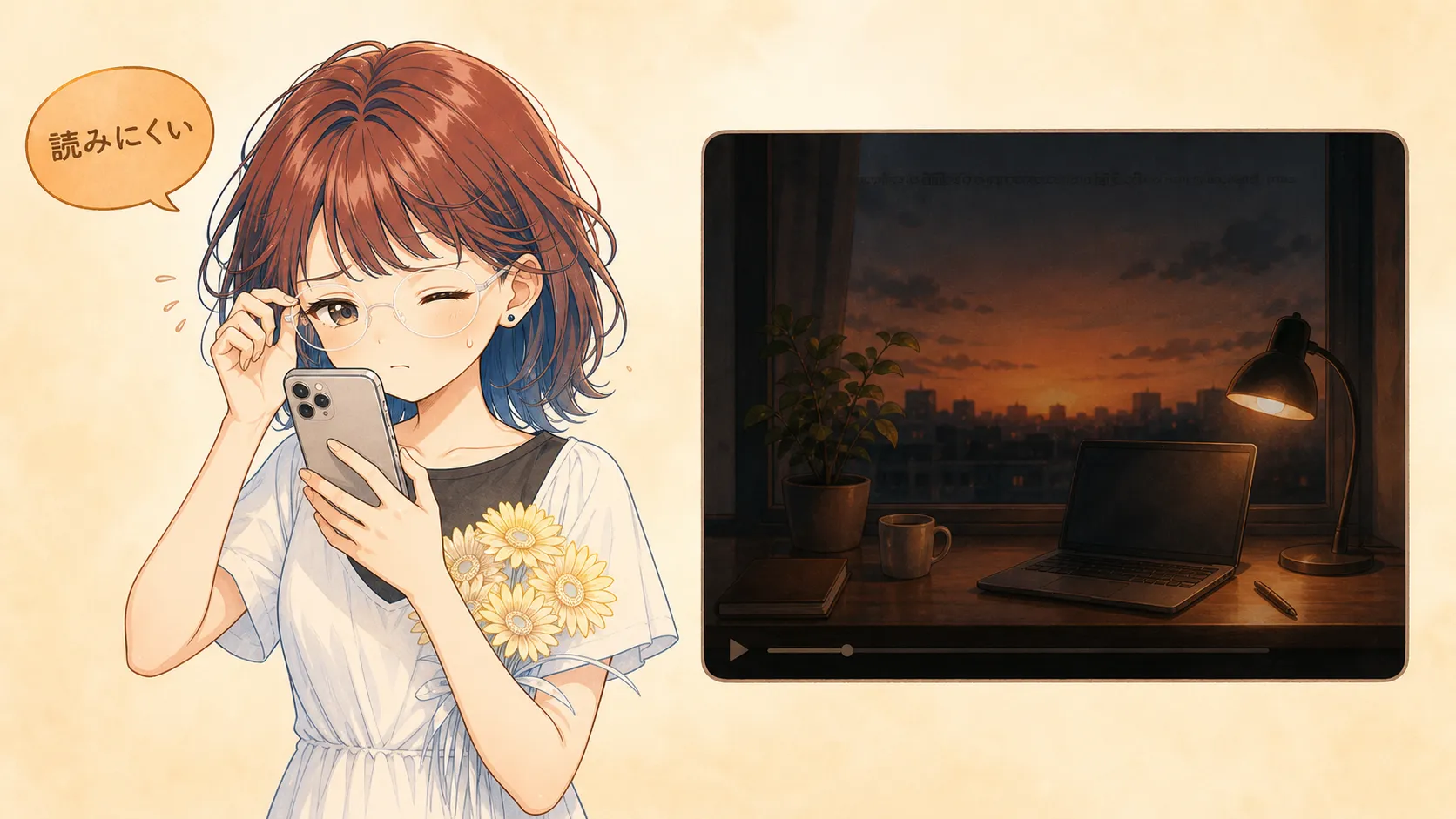 スマートフォンを近づけて画面を見つめる女性と、暗い写真に焦げ茶色の文字が沈んで読みづらくなった動画のワンシーン