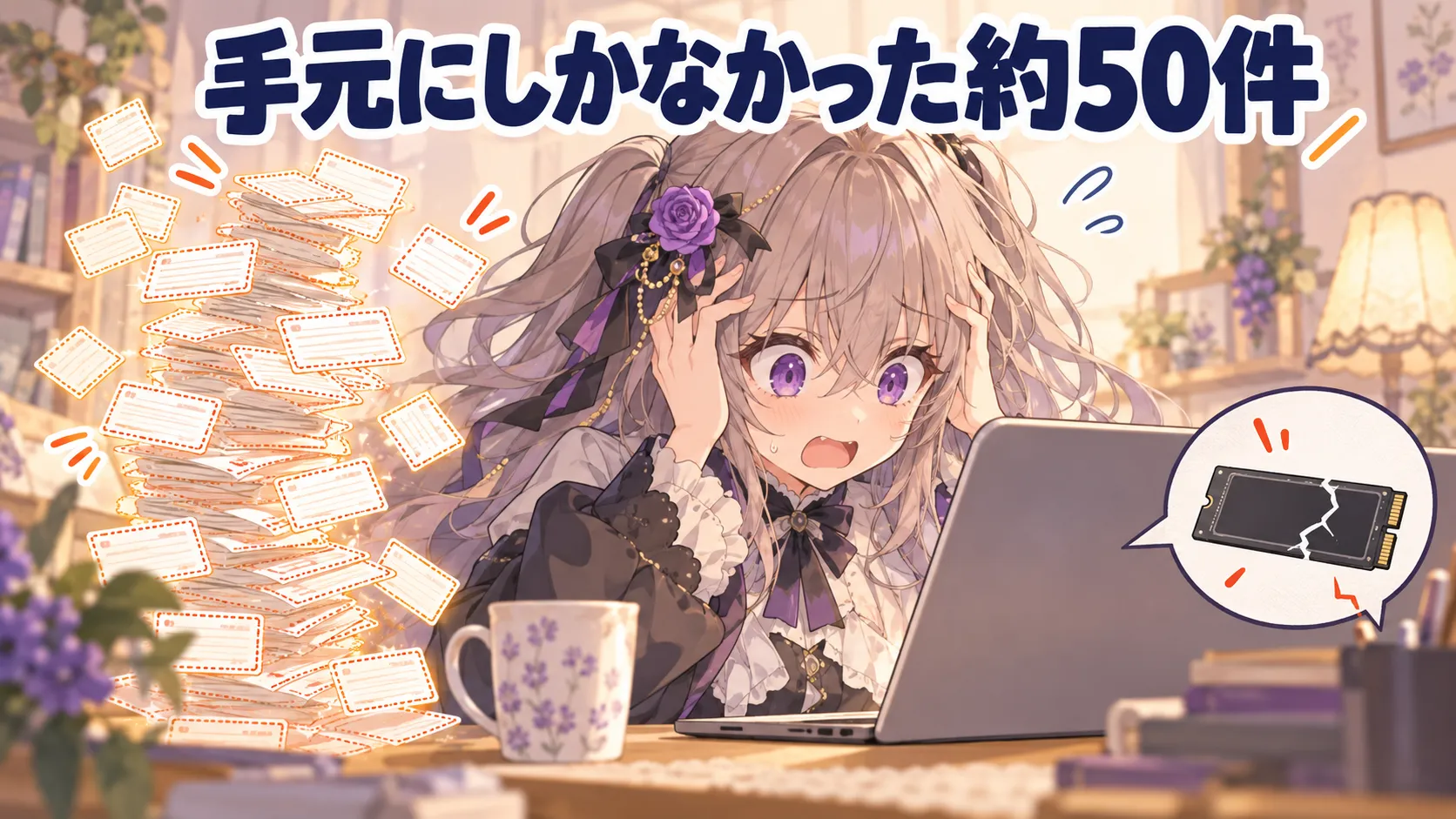 ひまりが、ひびの入ったSSDを前に困っているイラスト