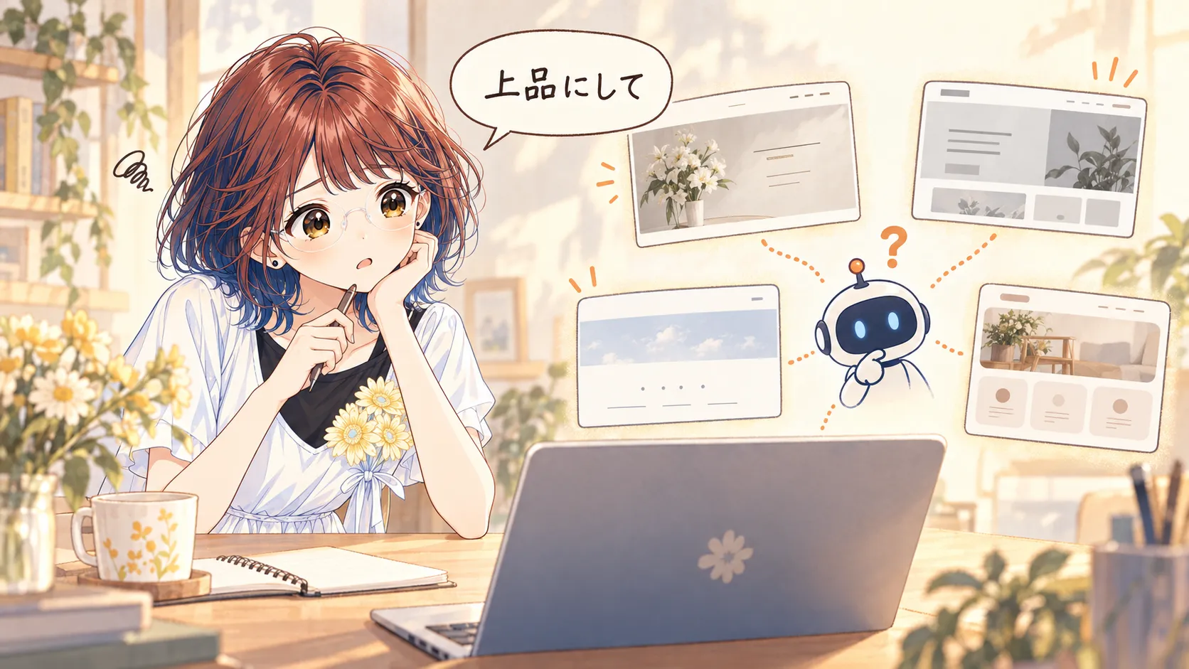 suzuminがノートPCの前で首をかしげ、吹き出しに「上品にして」。画面のロボットから、明朝体・くすんだ色・広い余白・角丸カードの4通りのサイト案が枝分かれしている