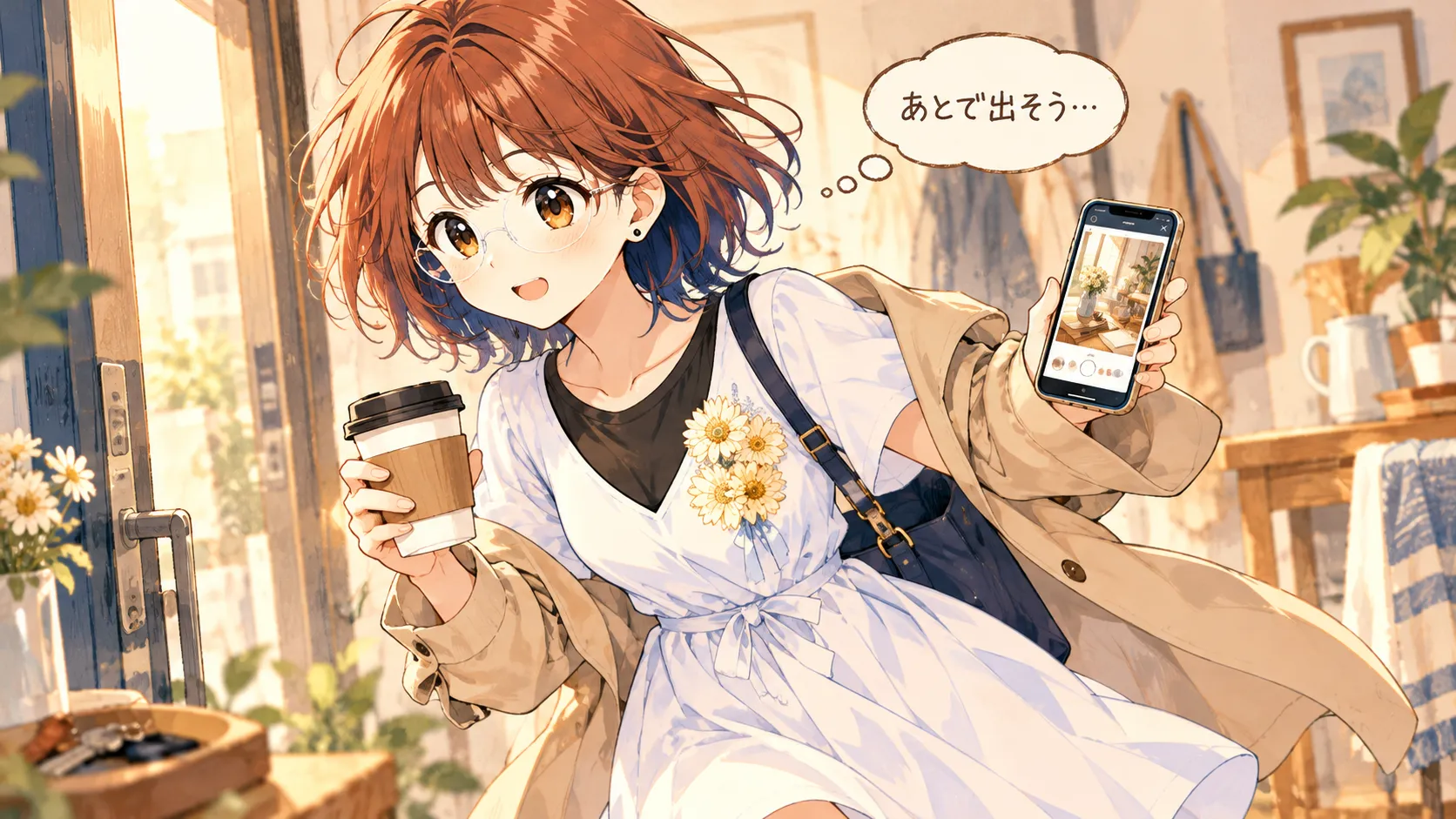 コーヒーとスマホを持って朝の玄関を急ぐsuzumin。吹き出しは「あとで出そう…」