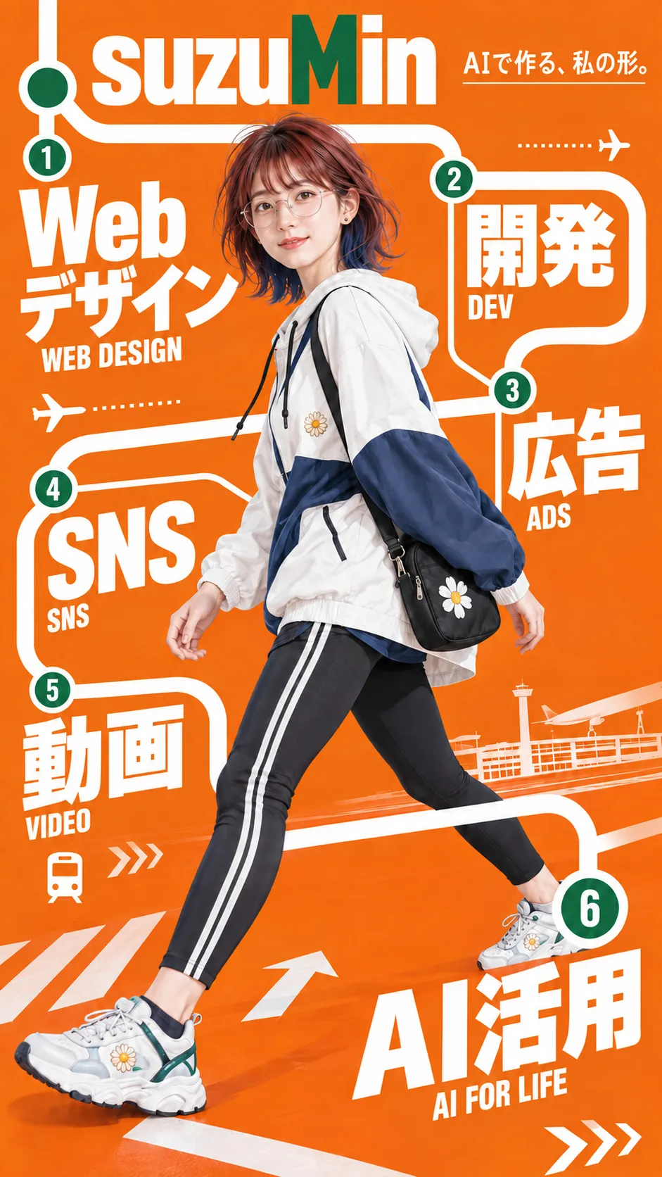 ChatGPTで生成した縦長の路線図ポスター。オレンジの背景に白い路線の線が走り、①Webデザインから⑥AI活用までの6駅と屋号suzuMin、一言「AIで作る、私の形。」が配置され、白とネイビーのジャケットを着たsuzuminが歩いている