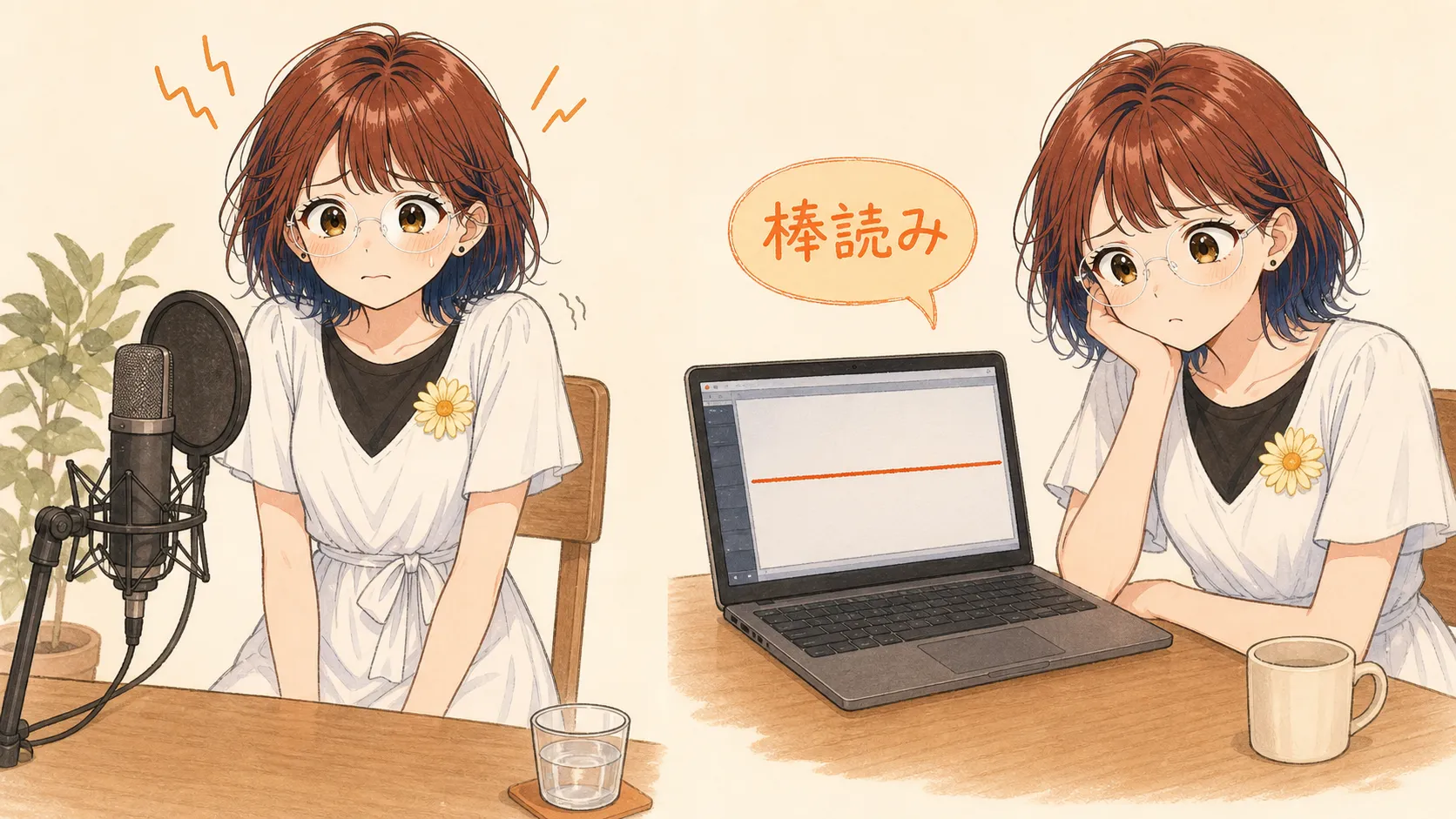 左はマイクの前で緊張して固まっているところ。右はパソコンの画面に起伏のない平らな波形が表示され、「棒読み」と書かれた吹き出しが出ている