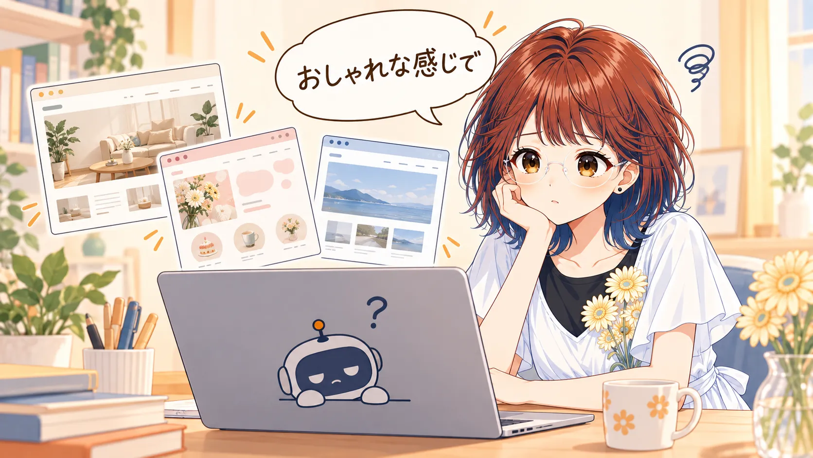 suzuminがノートPCの前で首をかしげている。画面には微妙に違う3つのサイト案が積み重なり、吹き出しに「おしゃれな感じで」、画面のロボットは疑問符を浮かべている
