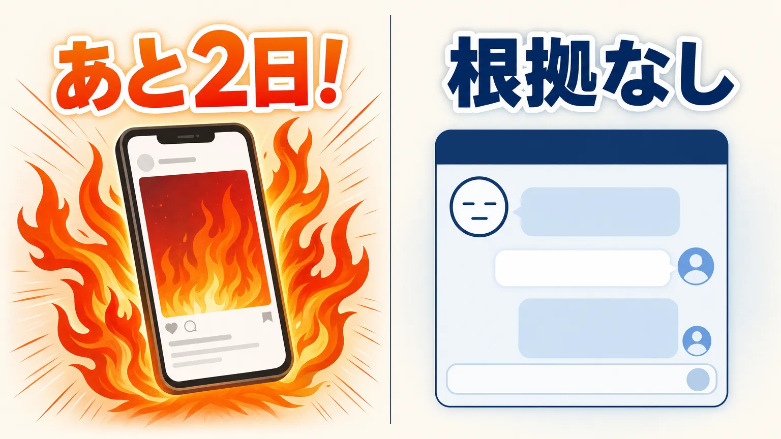 炎上する「あと2日!」の煽り投稿と、冷静な「根拠なし」AI判定の比較図
