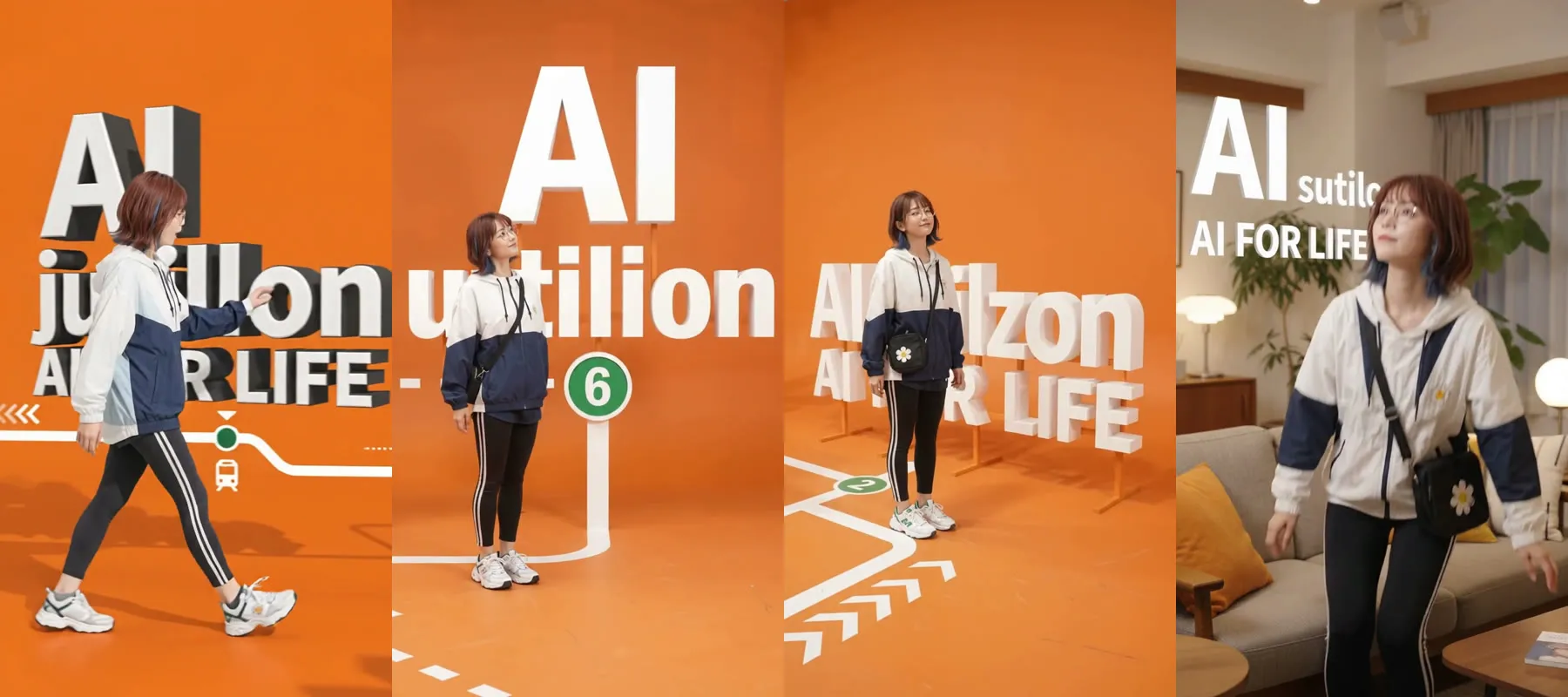 Geminiで生成した4本の動画から、⑥の駅が映るコマを1枚ずつ並べた画像。「AI活用」が左から「AI jutillon」「AI utilion」「AI atilzon」「AI sutilon」と4本とも別の文字に化けている