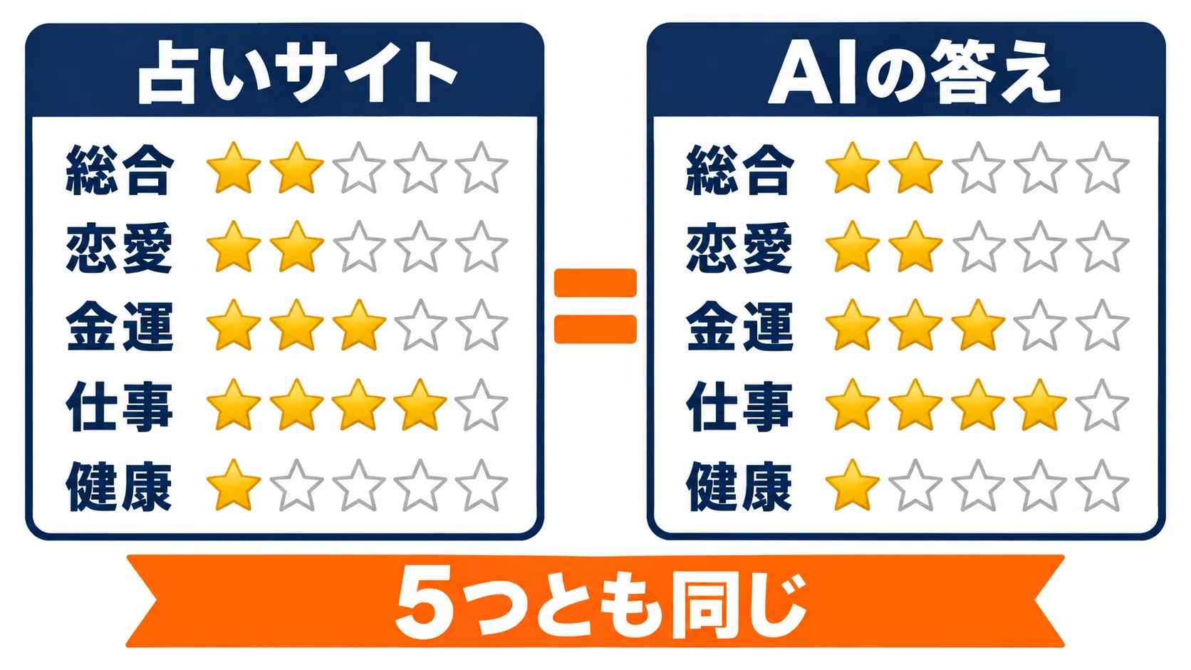 占いサイトとAIの答えで、総合・恋愛・金運・仕事・健康の星の数が5つとも同じだったことを示す比較図