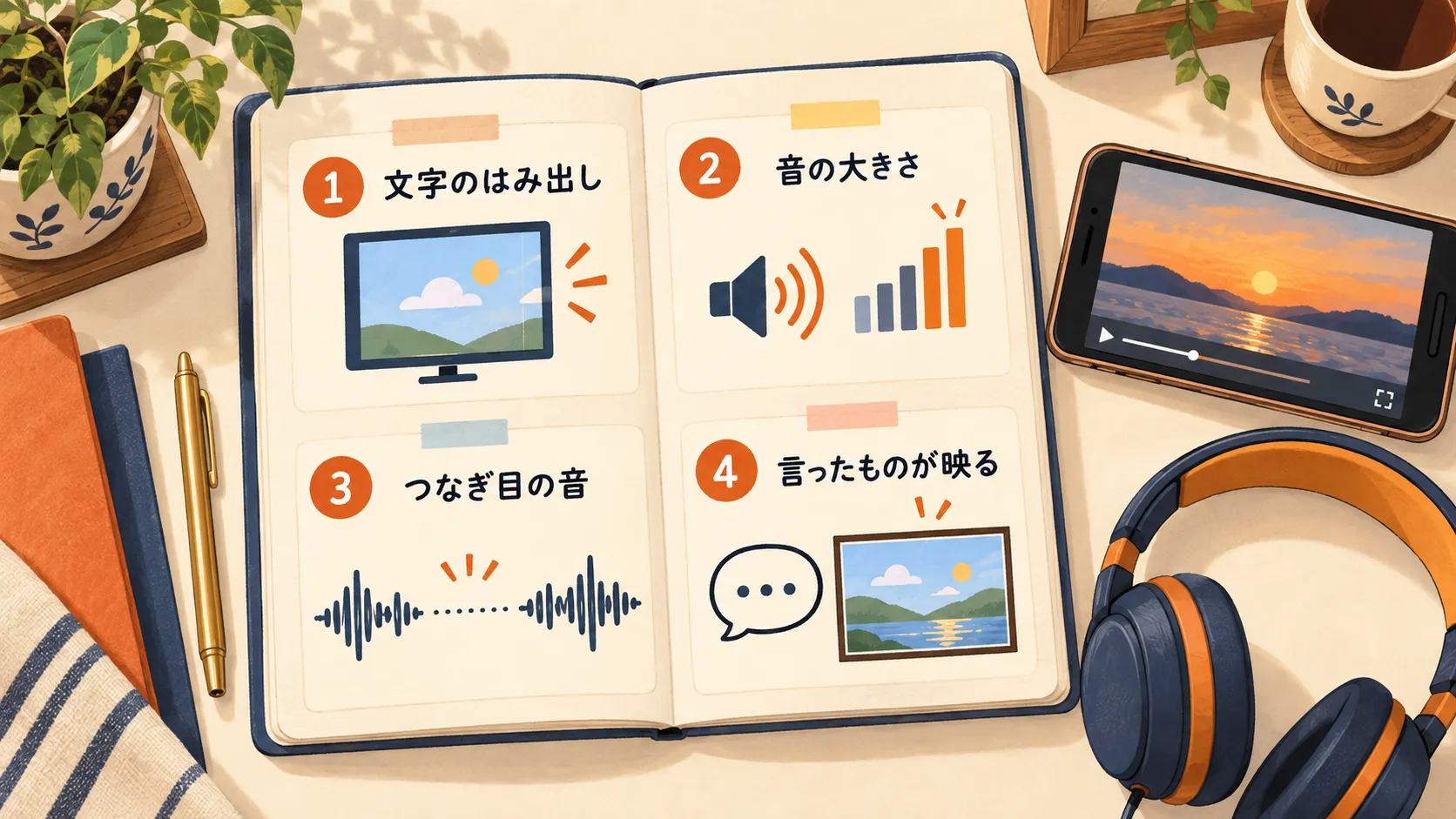 机の上で開いたノートに4つの確認項目が手書き風に並ぶ図。1「文字のはみ出し」、2「音の大きさ」、3「つなぎ目の音」、4「言ったものが映る」。脇にスマートフォンとヘッドホンが置かれている