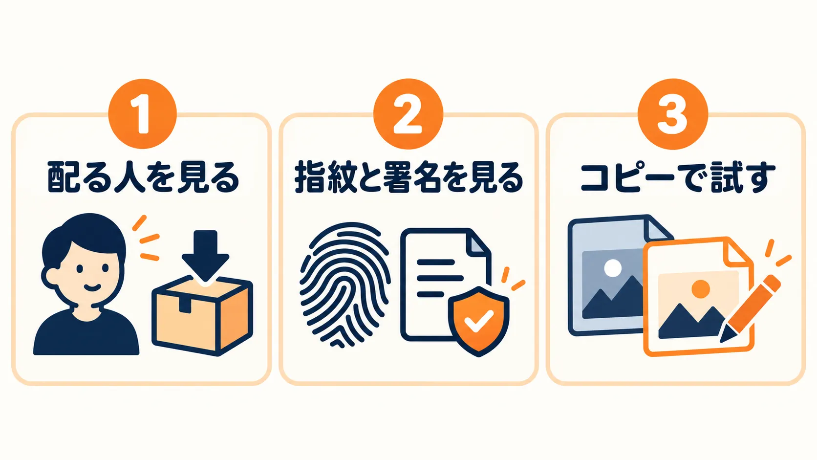 入れる前に確かめた3つ:配る人を見る、指紋と署名を見る、コピーで試す
