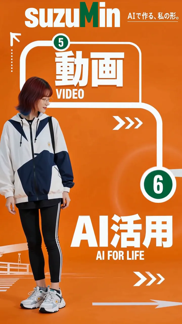 MiniMaxで生成した1本目の動画の1コマ。オレンジの空間に立体の白い文字「AI活用」と緑の丸番号6が立ち、その横にsuzuminが立っている。文字は崩れていない