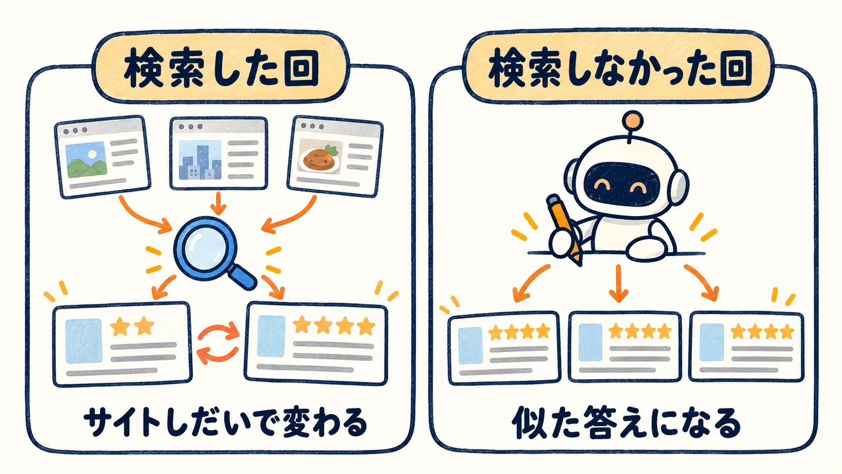 出典が出た回は拾ったサイトしだいで結果が変わり、出典が出なかった回は似た答えになることを示す図