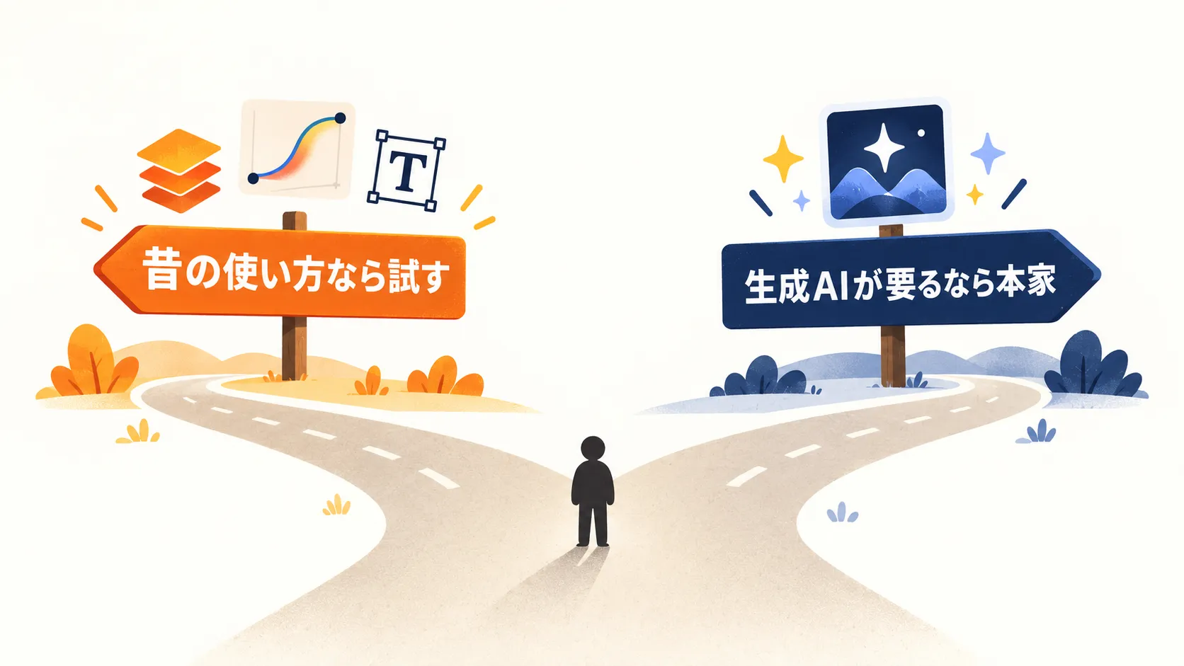 分かれ道の図。昔の使い方なら試す、生成AIが要るなら本家