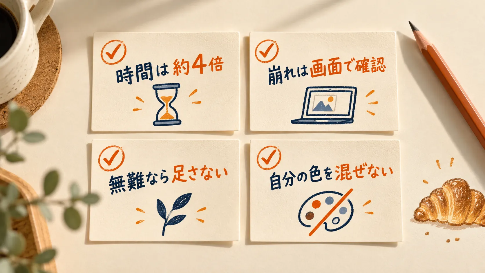 一文を使うときの注意4つ(時間は約4倍・崩れは画面で確認・無難なら足さない・自分の色を混ぜない)