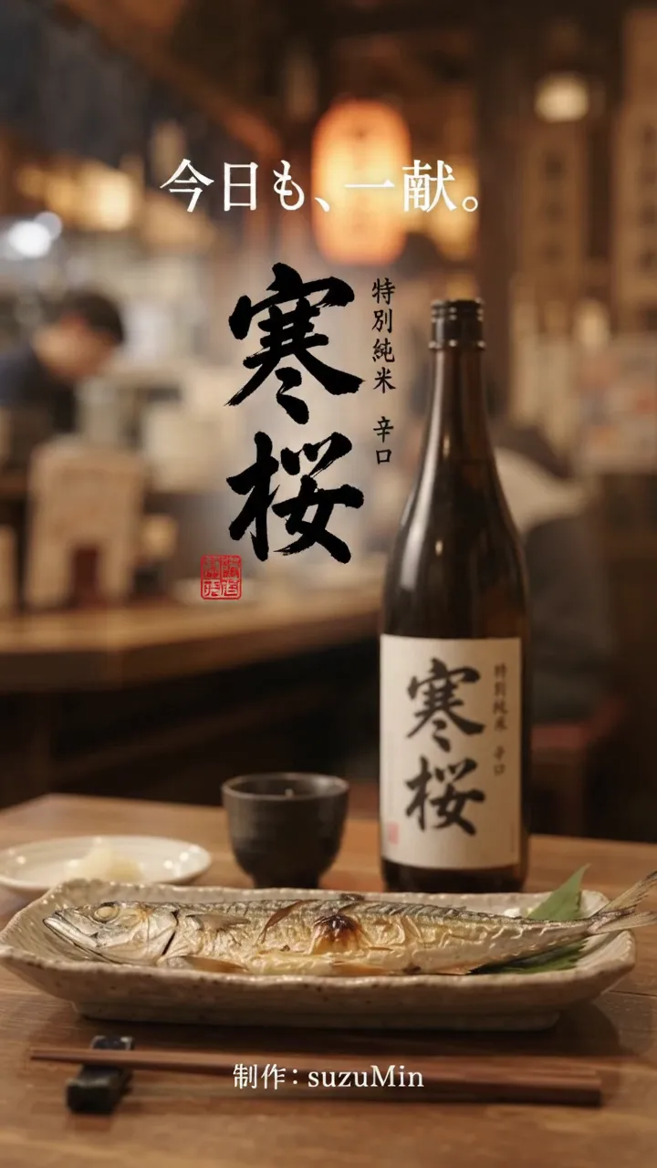 完成した動画の締めの画面。「今日も、一献。」の文字と「寒桜」の筆文字、一升瓶と徳利、サンマの皿、下に「制作: suzuMin」
