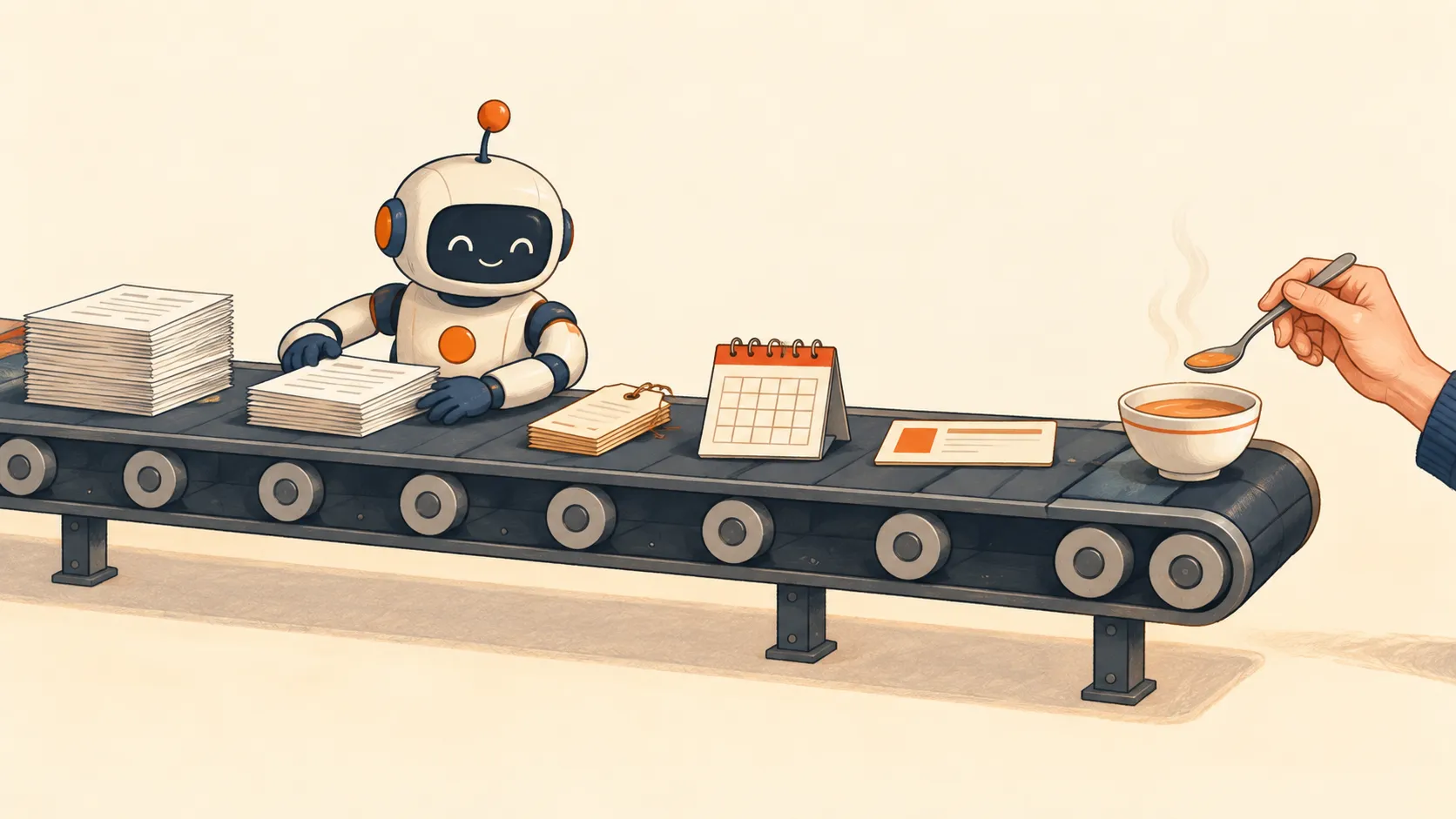 ベルトコンベアの上で書類やカレンダー、カードをロボットが黙々と仕分けし、いちばん端に流れてきたスープの味見だけを人間の手がスプーンで行っている図