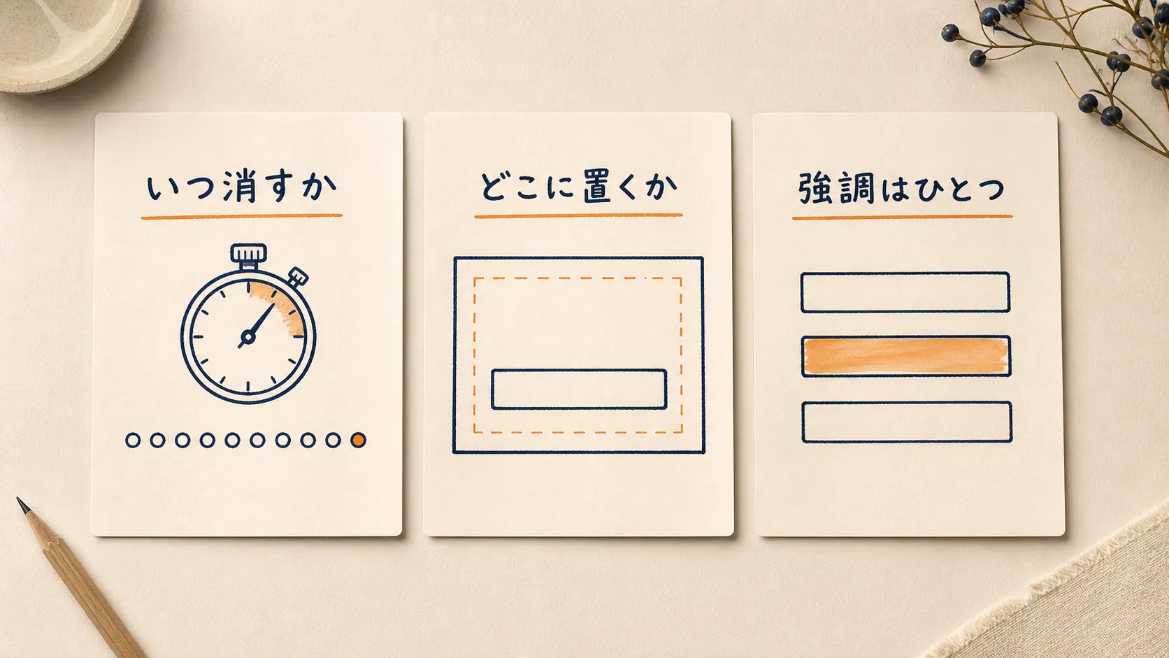 「いつ消すか」「どこに置くか」「強調はひとつ」の3枚のカードを並べた図。ストップウォッチと10個の点、内側に余白を取った枠、3本のうち1本だけにマーカーを引いた線が描かれている