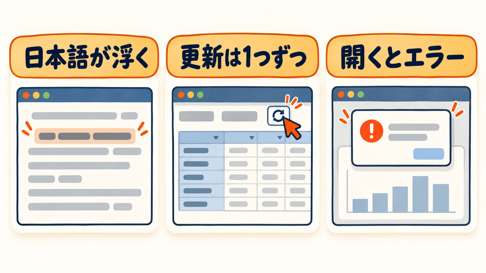 使いにくかった3点(日本語が浮く・更新は1つずつ・開くとエラー)を並べた図