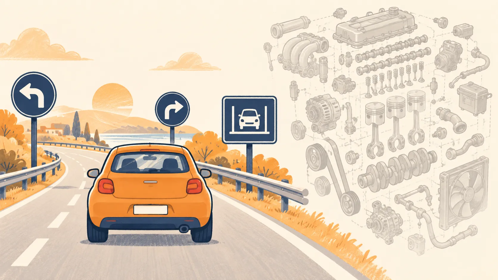 道路標識のある道を走る車と、背景に薄く描かれた複雑なエンジン図。道の言葉を知っていれば運転できることを表した比喩イラスト