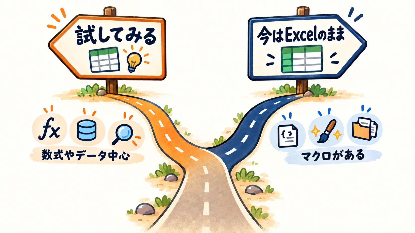 数式やデータ中心なら試してみる、マクロがあるなら今はExcelのまま、と分かれ道で示した図