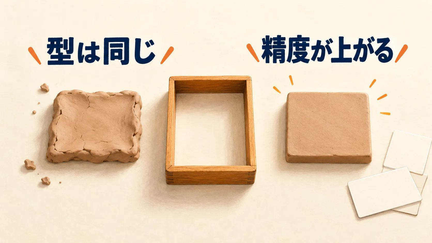 木の型を中央に置き、左は粗い粘土、右は同じ輪郭で精密に仕上がった粘土を並べたたとえの図。見出し「型は同じ」「精度が上がる」