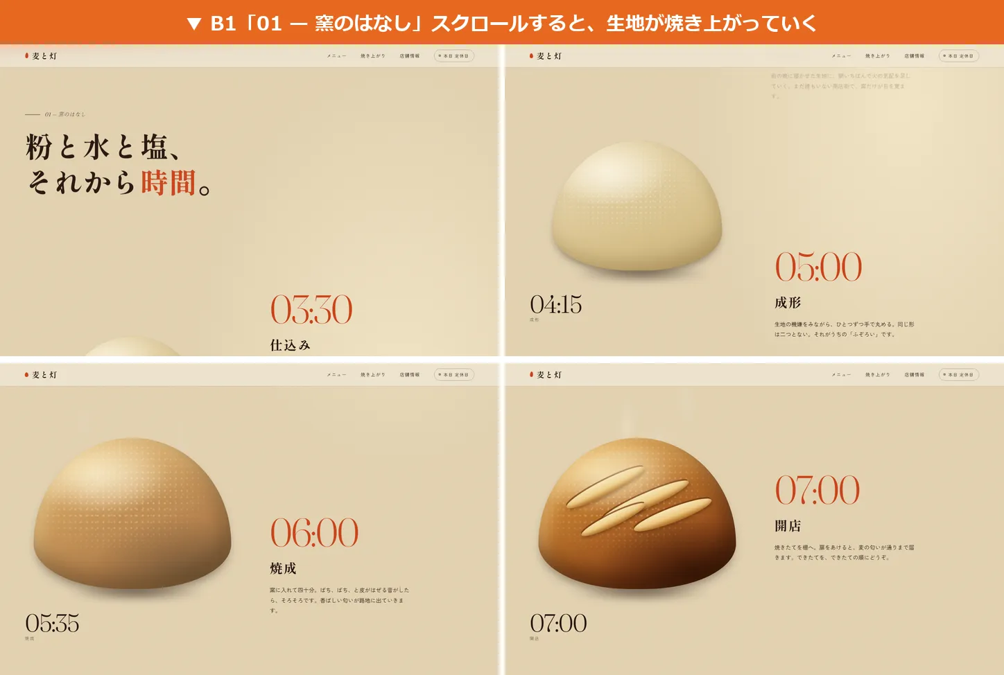 1本目の「窯のはなし」をスクロールの途中4か所で撮ったもの。仕込みから開店までで、パンに焼き色が付いていく