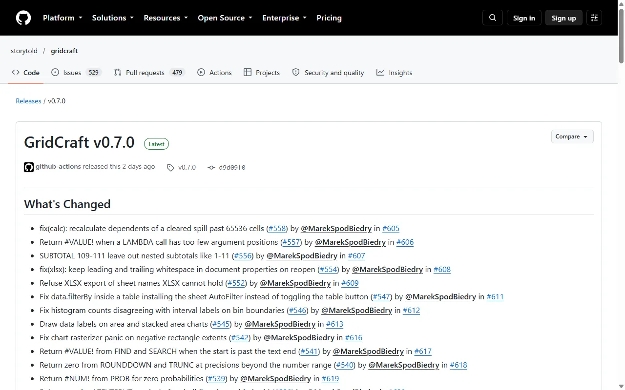 GitHubの配布ページ。github-actionsが自動で公開したGridCraft v0.7.0