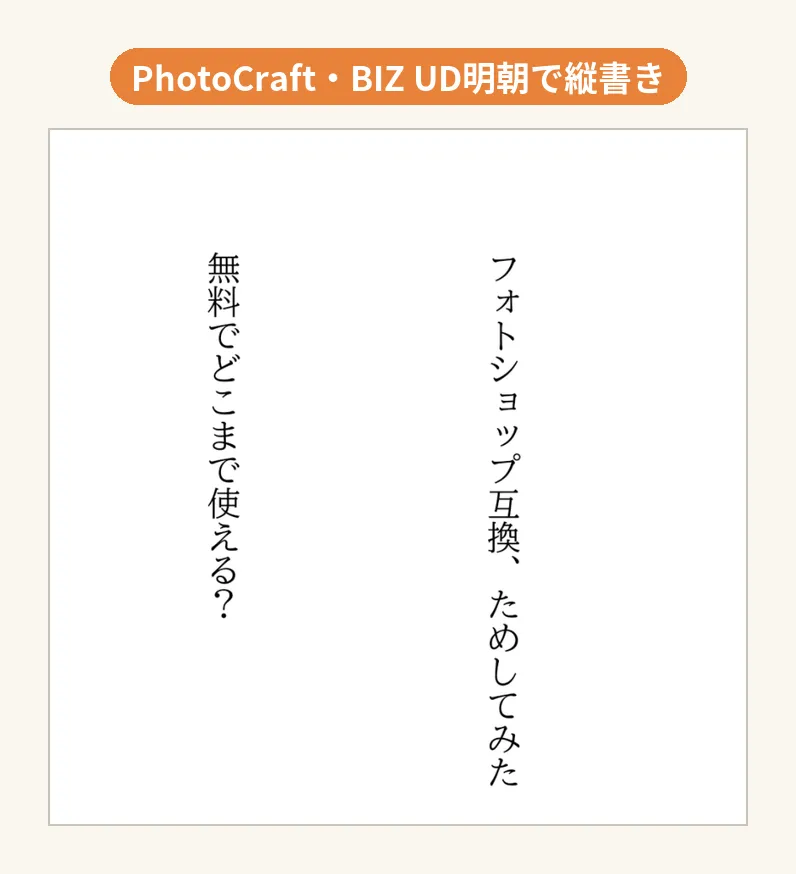 PhotoCraftで、BIZ UD明朝の縦書きを打ったところ